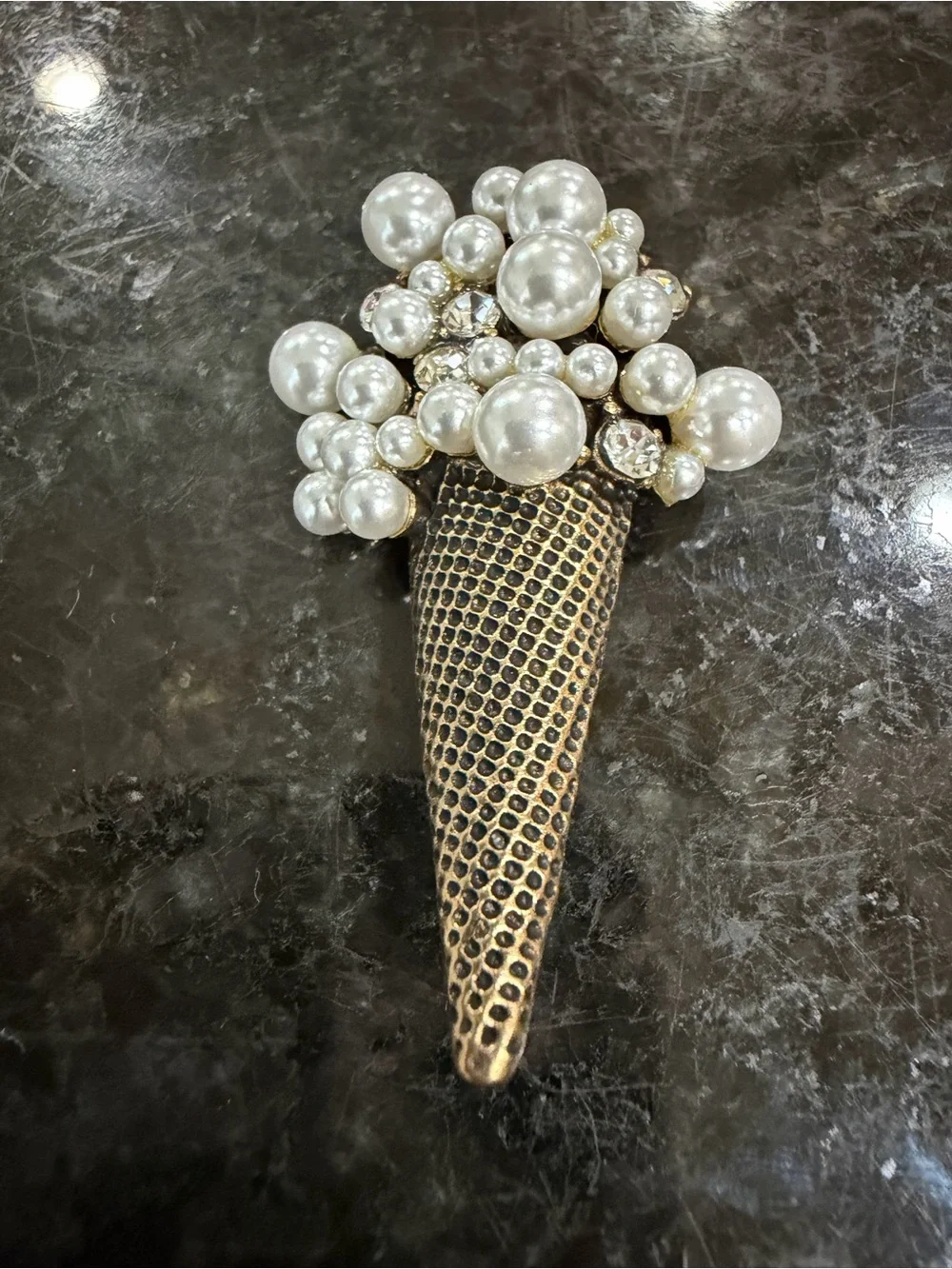Pearl & Crystal Ice Cream Cone Brooch - Gold Tone